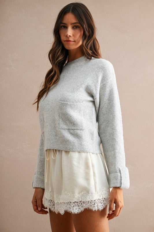 Crew Neck Knit Pullover Sweater with Front Pockets