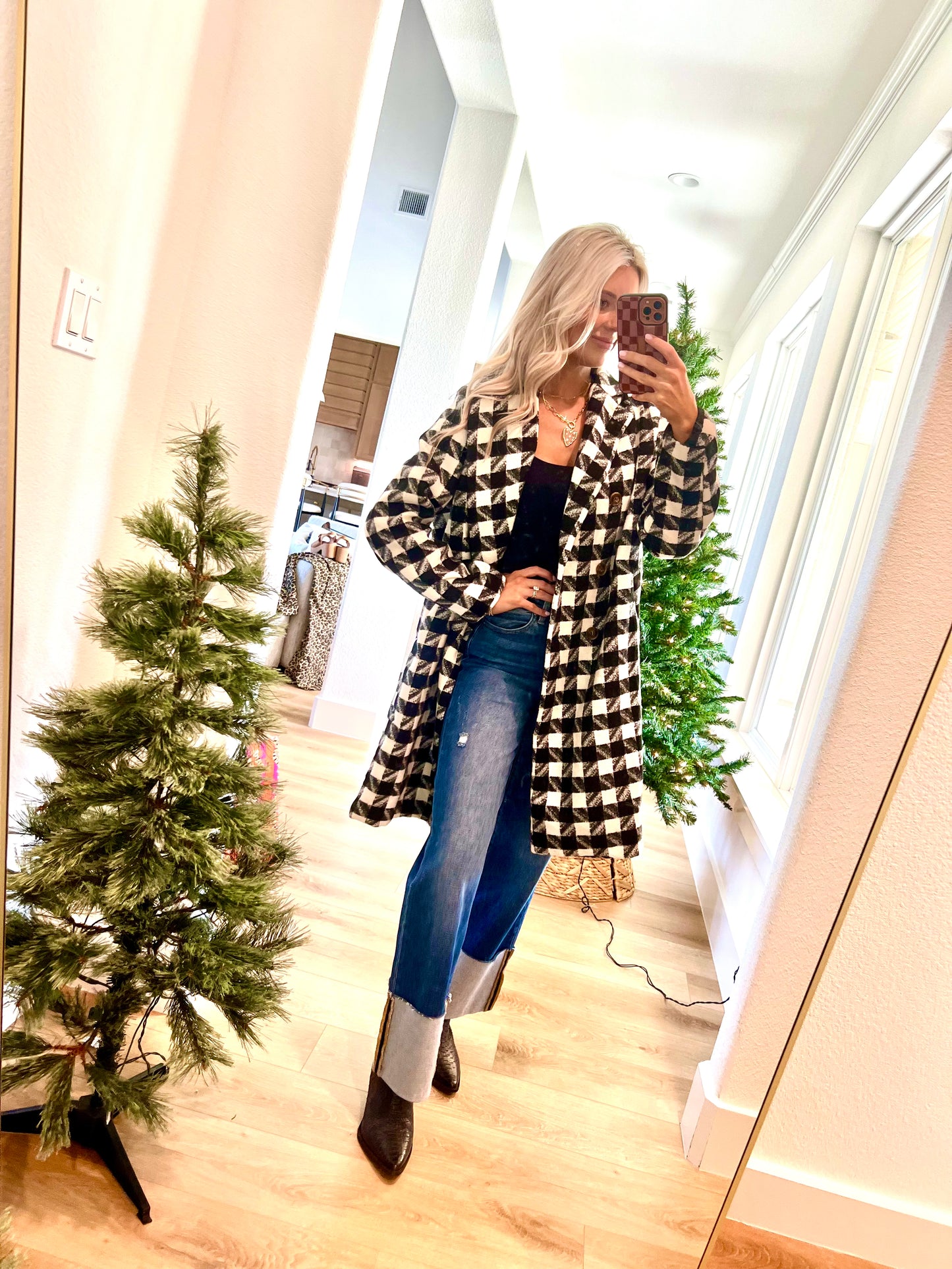 Textured Knit Tweed 2 Tone Double Button Coat Jacket