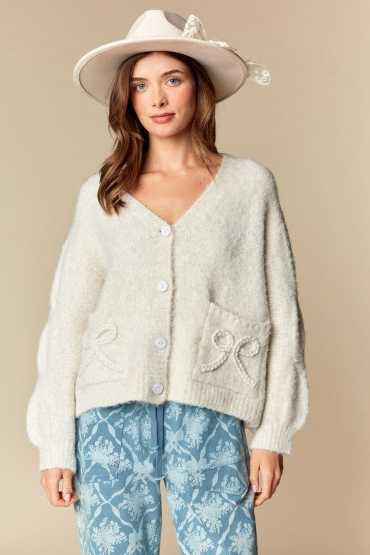 Braided Bow Pocket Cardigan