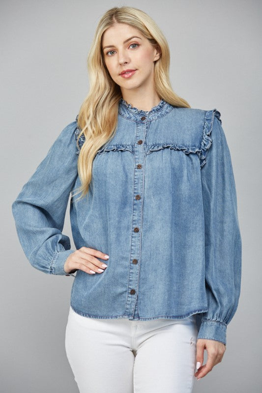 Ruffle Detail Washed Tencel Shirt