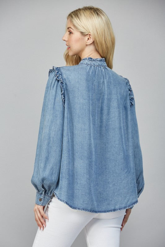 Ruffle Detail Washed Tencel Shirt