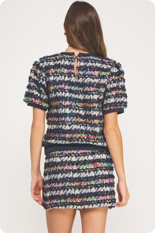 Navy Multi Tweed Top