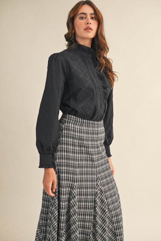 Black Ruffled Lace Trim Button Down Top