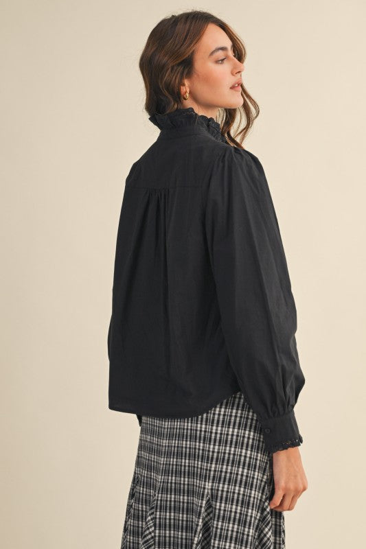 Black Ruffled Lace Trim Button Down Top