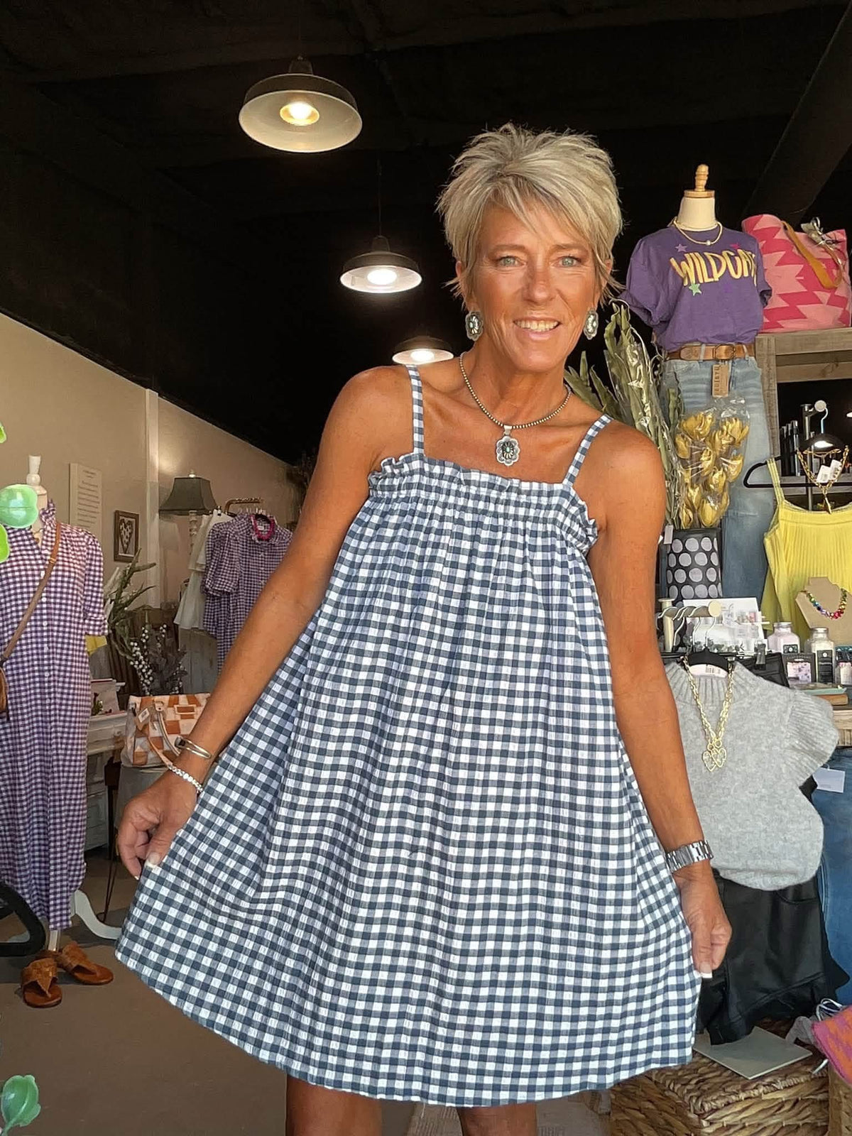 Navy Gingham Spaghetti Strap Dress