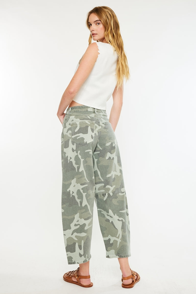 Camo High Rise Barrel Jeans