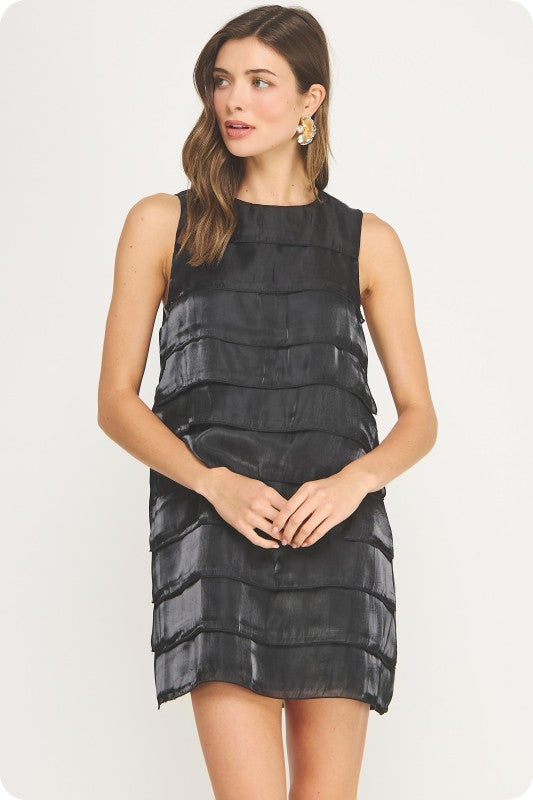 Tiered Sleeveless Satin Mini Dress