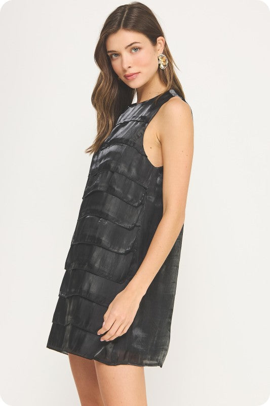 Tiered Sleeveless Satin Mini Dress