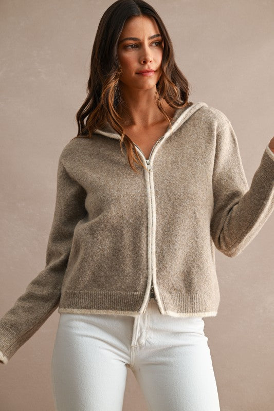 Mocha Contrast Detail Zip Up Cardigan