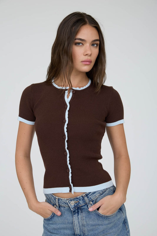 Brown Contrast Lettuce Trim Short Sleeve Knit Cardigan