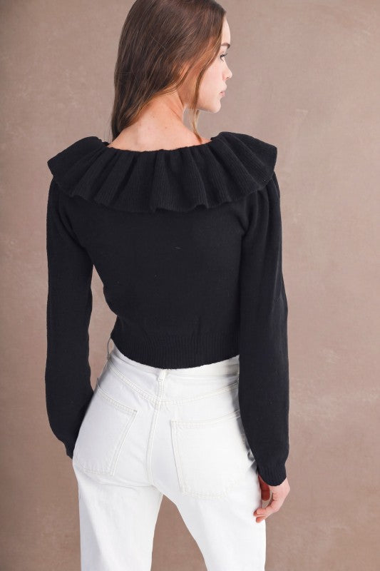 Black Ruffled Sweater with Bow