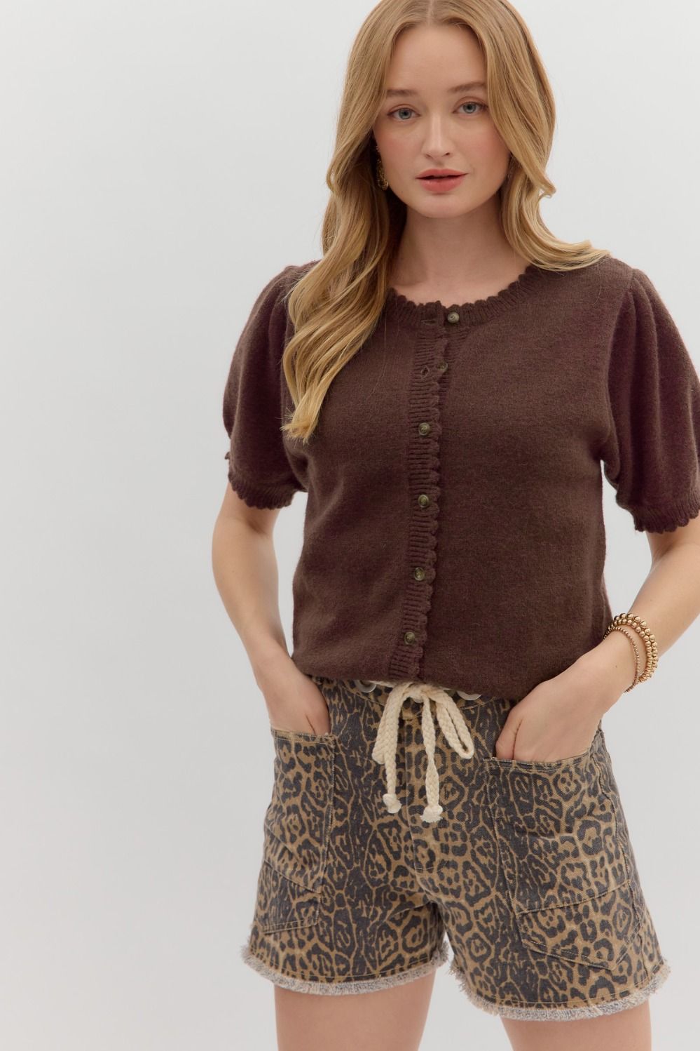 EN34 Chocolate Short Puff Sleeve Cardigan