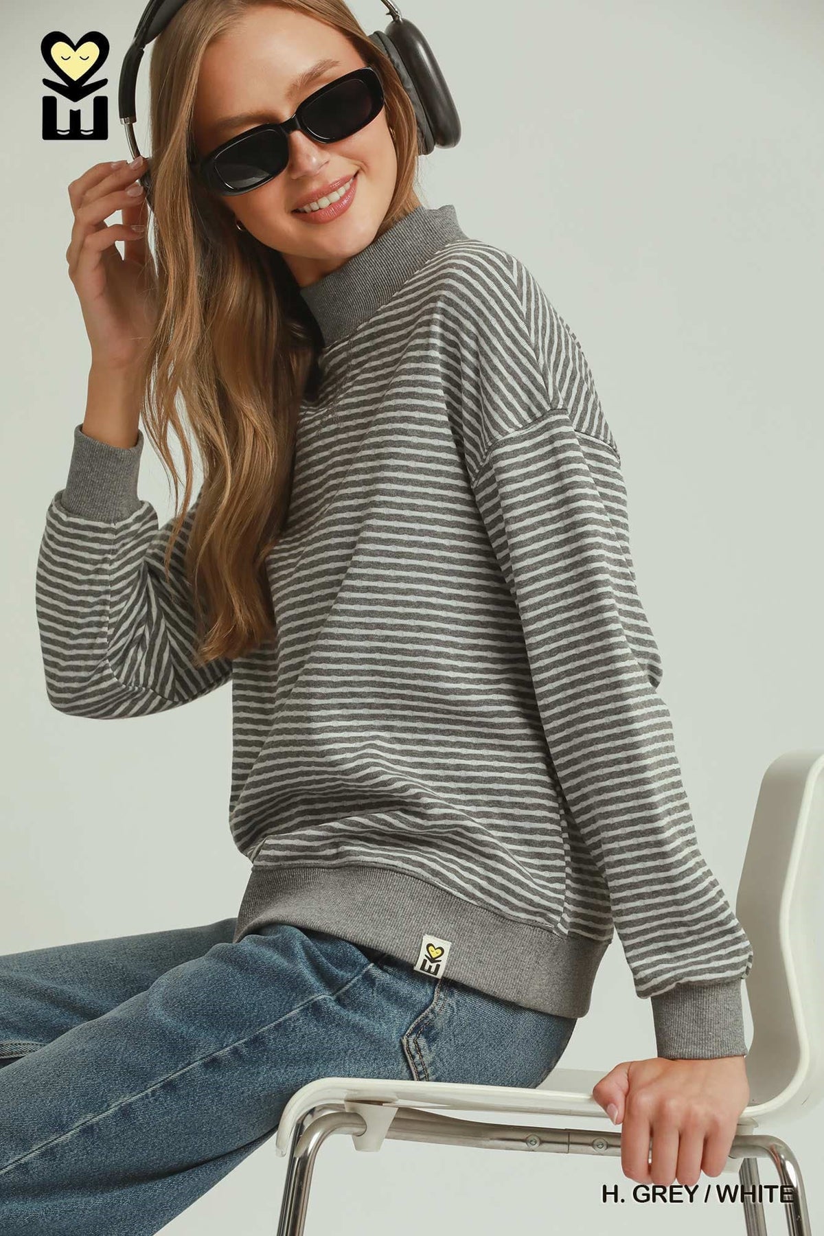 Heather Grey/White Reversible Stripe & Polka Dot Pullover