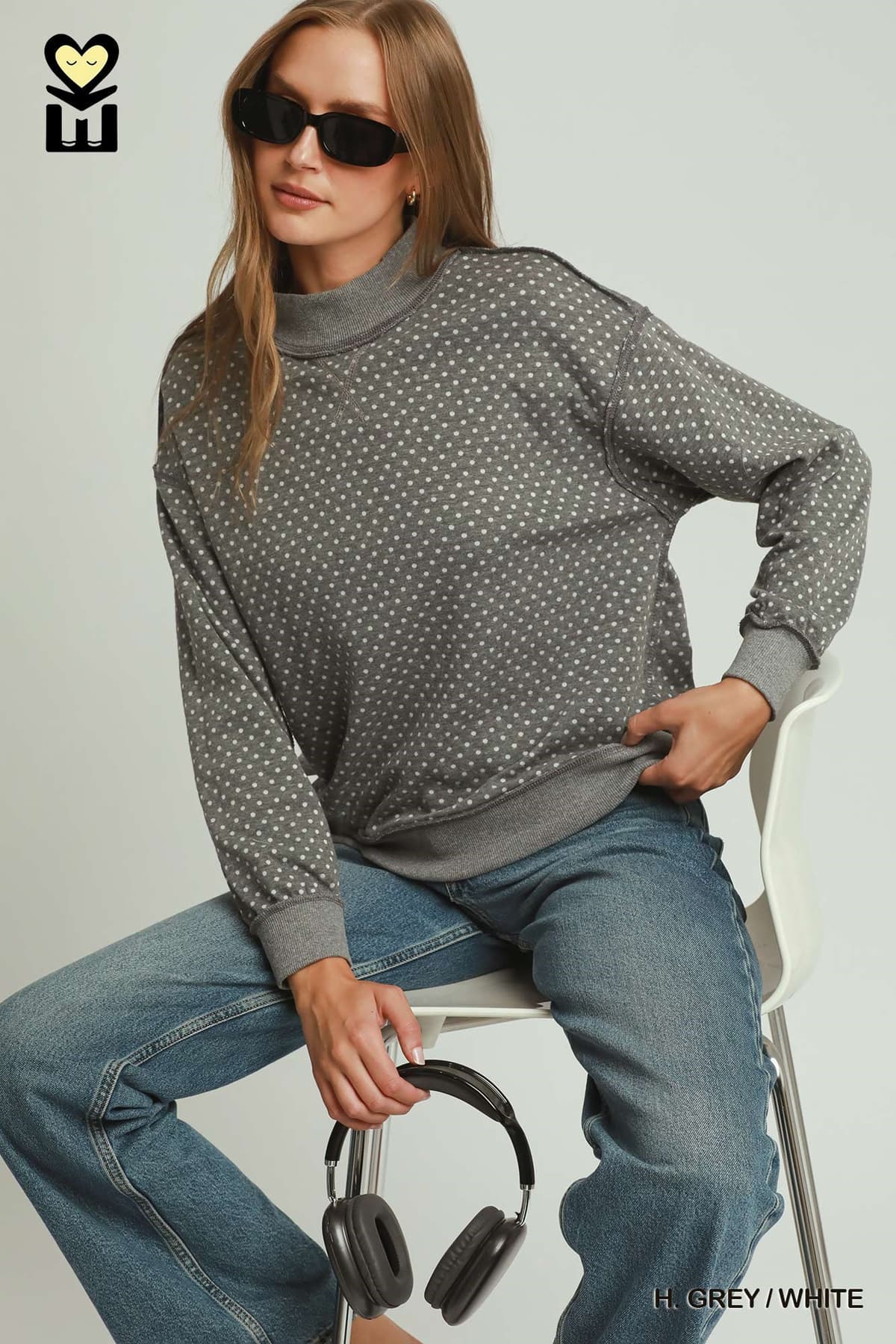 Heather Grey/White Reversible Stripe & Polka Dot Pullover