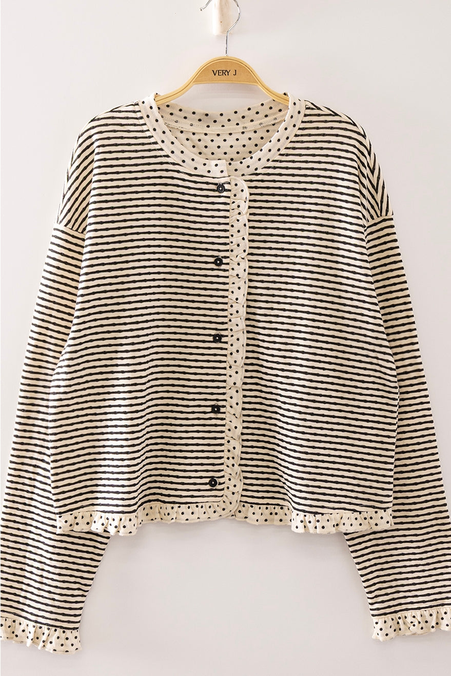 Polka Dot Trim Stripe Button-Up Cardigan