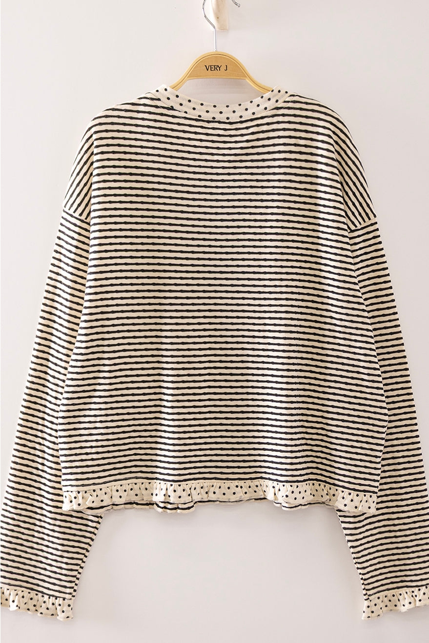 Polka Dot Trim Stripe Button-Up Cardigan