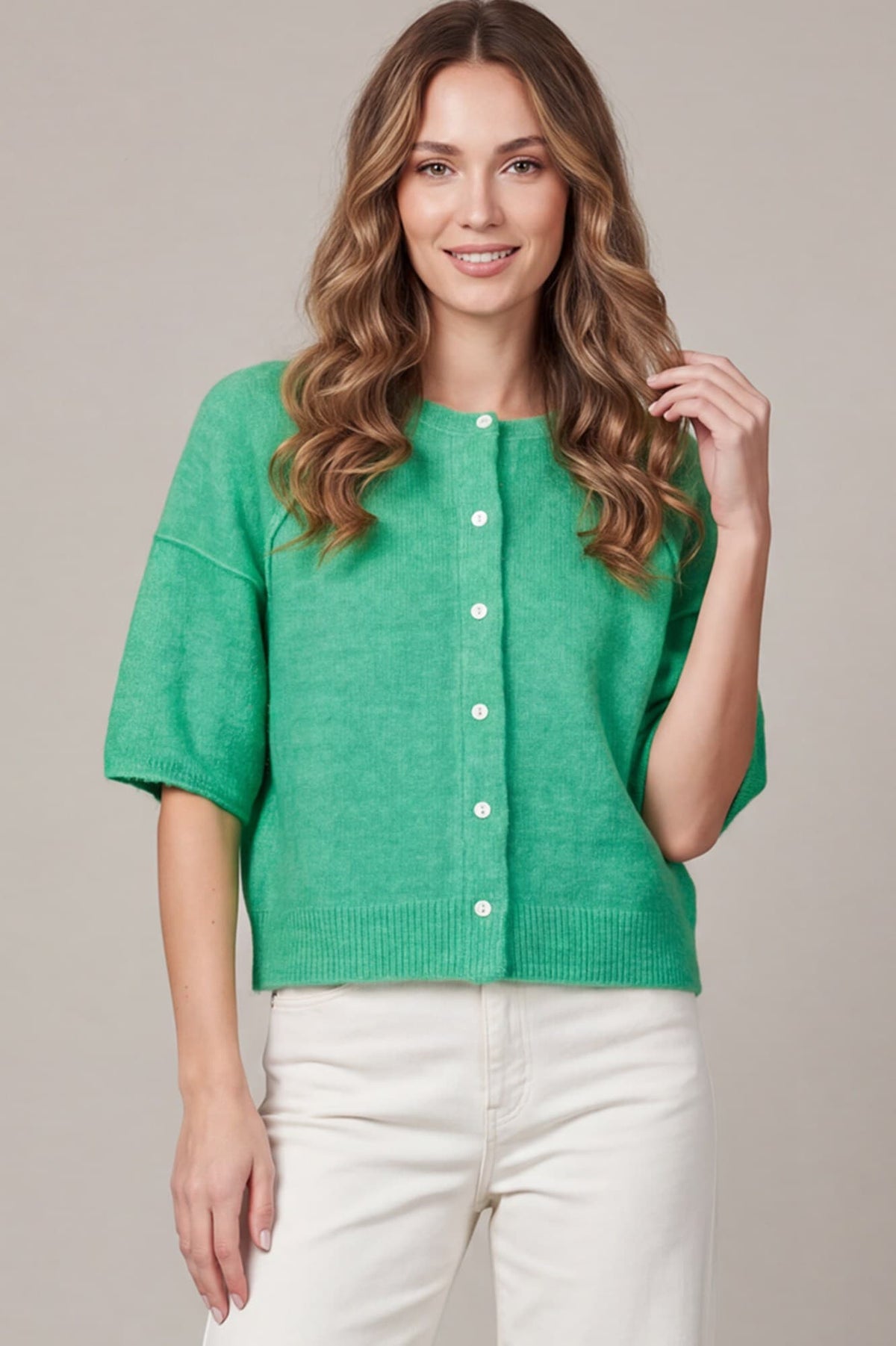 Green HALF SLEEVE BUTTON DOWN SWEATER TOP