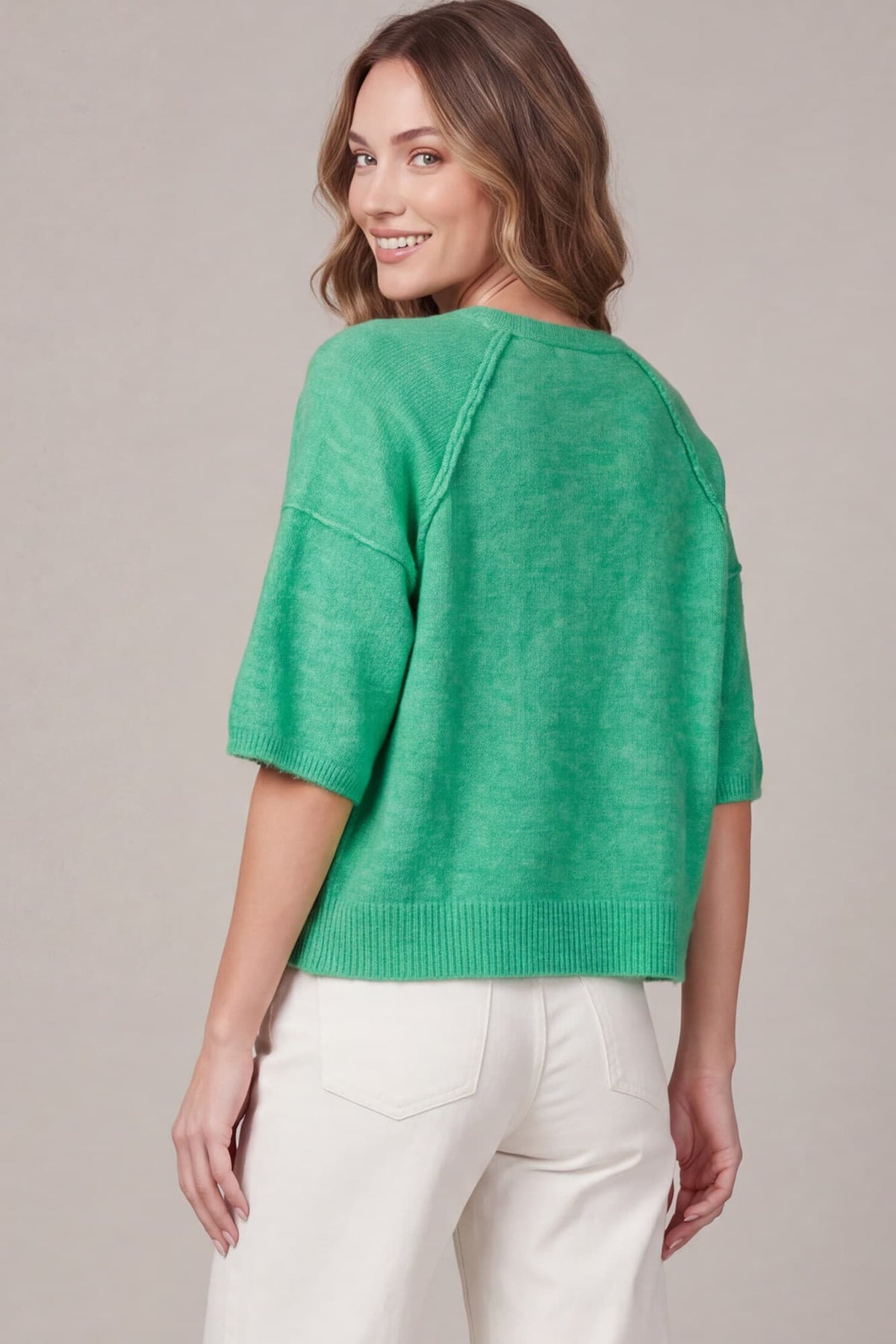 Green HALF SLEEVE BUTTON DOWN SWEATER TOP