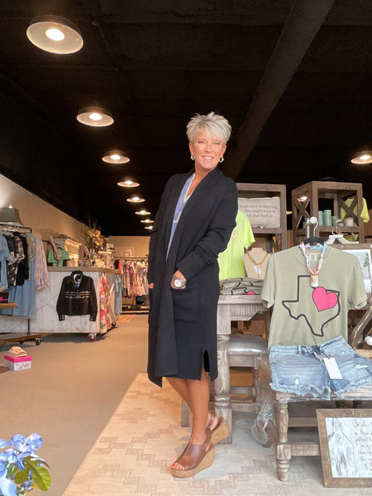 PN06 Long Black Open Knitted Cardigan