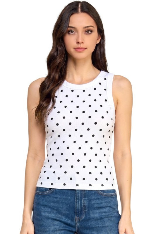 White Polka Dot Print Ribbed Racerback Tank Top