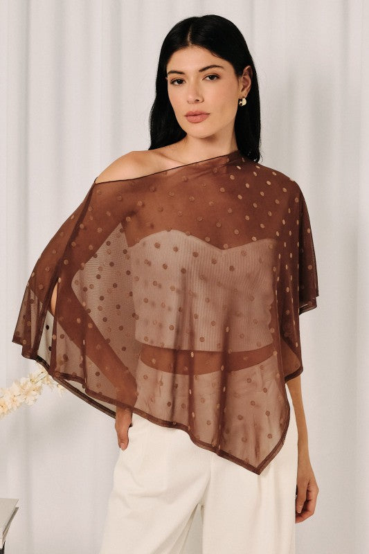 Brown  Dot Wide Boat Neck Handkerchief Mesh Poncho