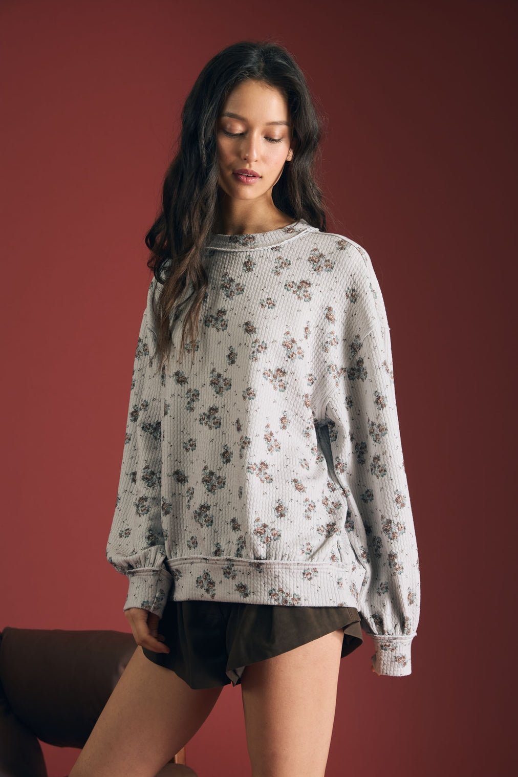 Grey Floral Dot Print Long Sleeve Textured Knit Top