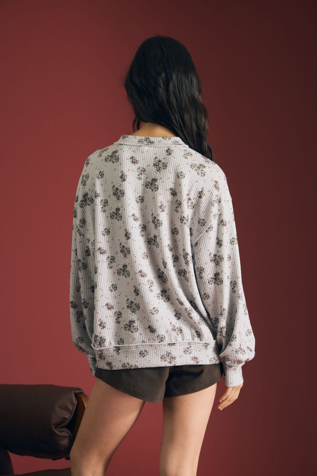 Grey Floral Dot Print Long Sleeve Textured Knit Top