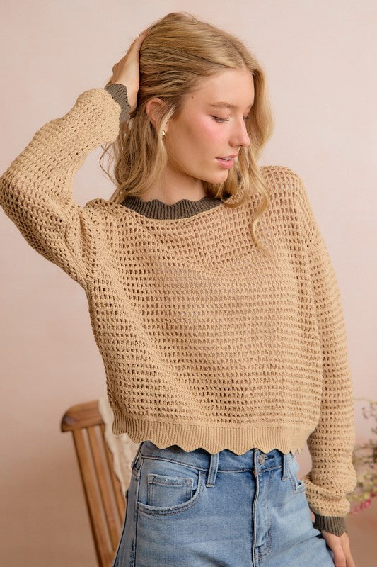 Taupe/Olive Scallop Mesh Sweater