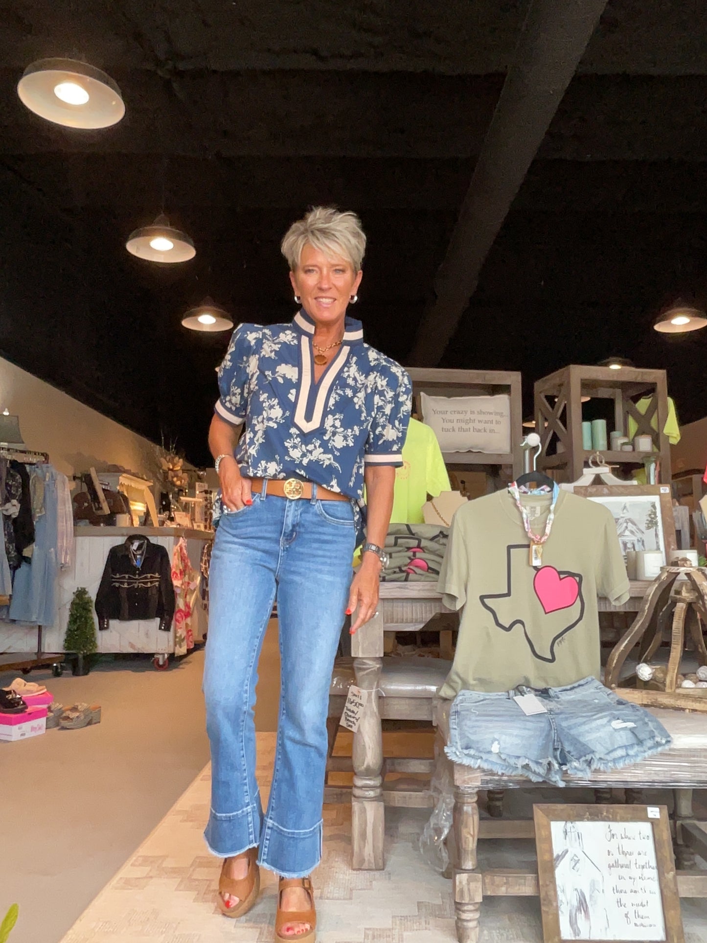 Midnight Blue Floral V-Neck Puff Sleeve Top with Striped Trim