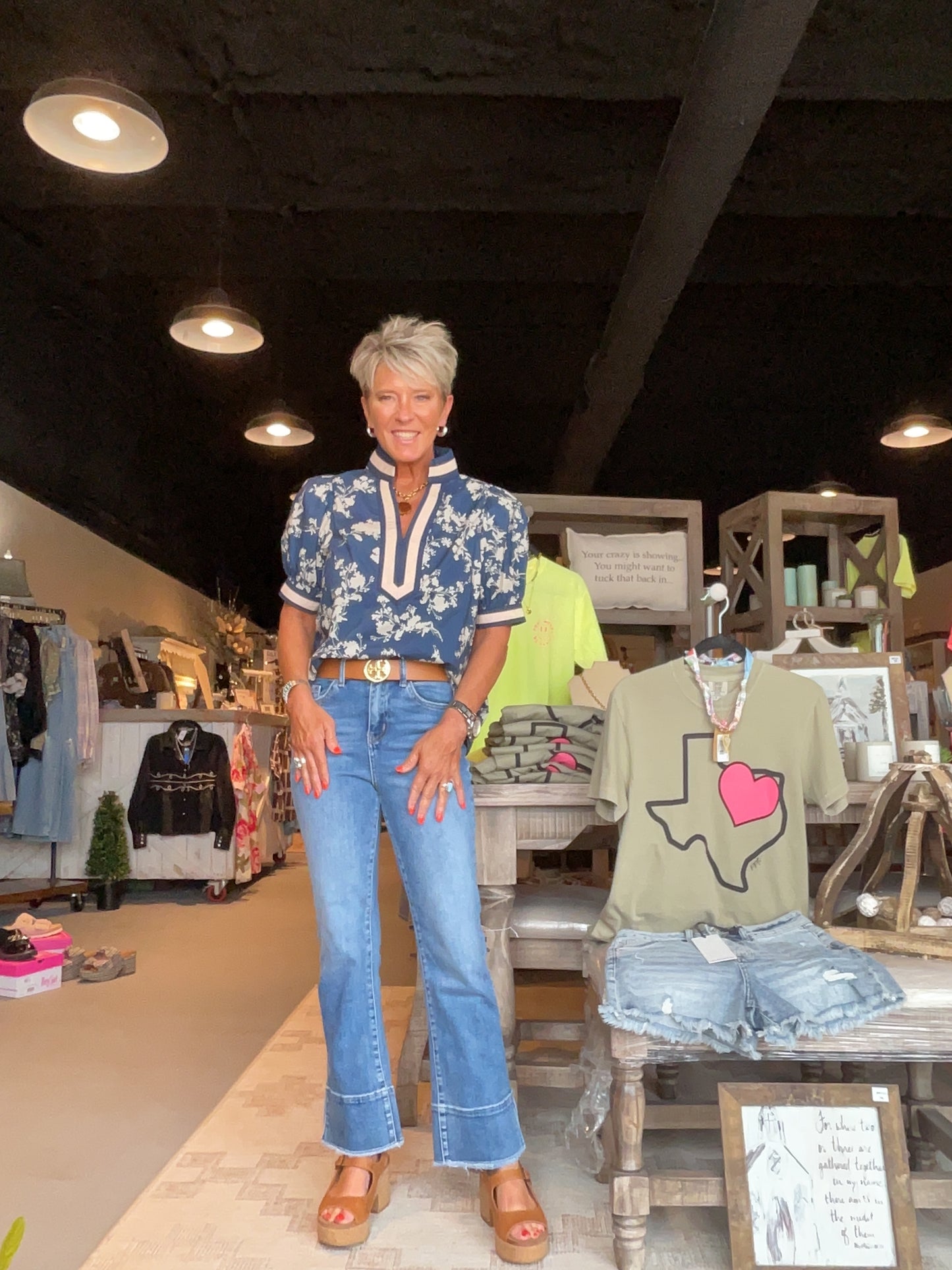 Midnight Blue Floral V-Neck Puff Sleeve Top with Striped Trim