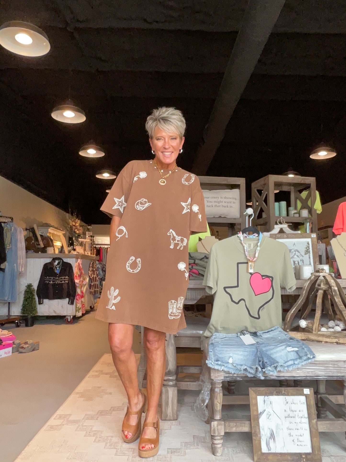 Sugar Brown Snow Wash Western Inspired T-Shirt Dress