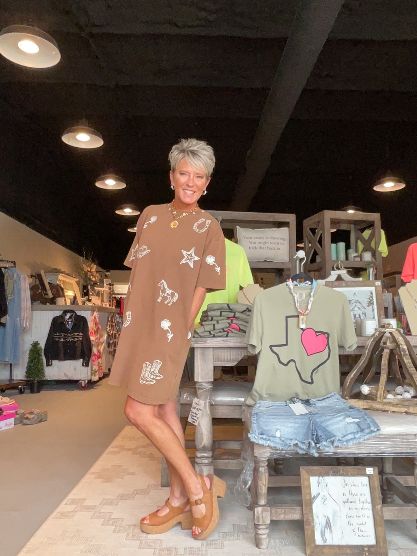 Sugar Brown Snow Wash Western Inspired T-Shirt Dress