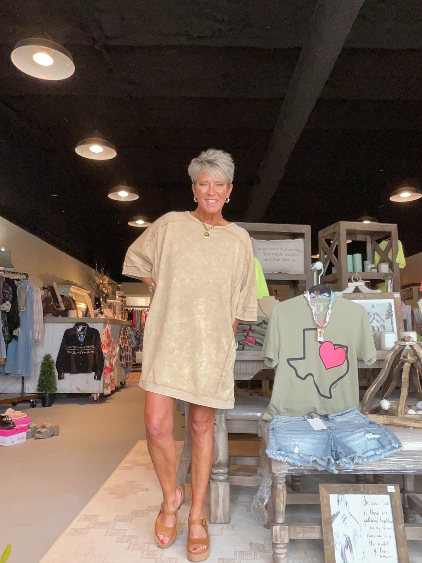 Taupe Mineral Washed Half Sleeve Sweatshirt Dress