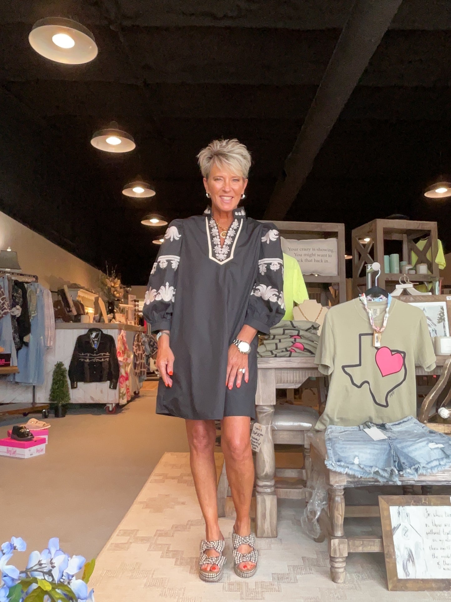 Black EmbroideredV-Neck Dress with Long Embroidered Puff Sleeve