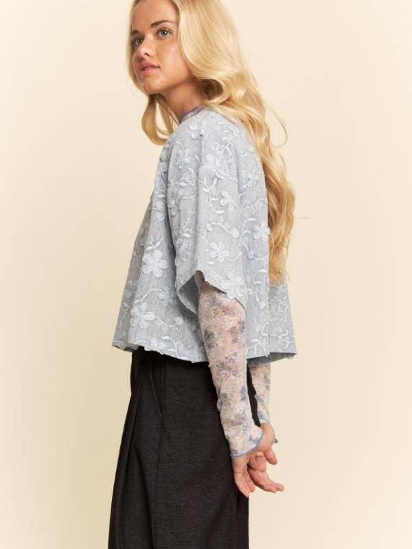 Blue Combo Lace Textured Floral Printed Mesh Top Long Sleeve