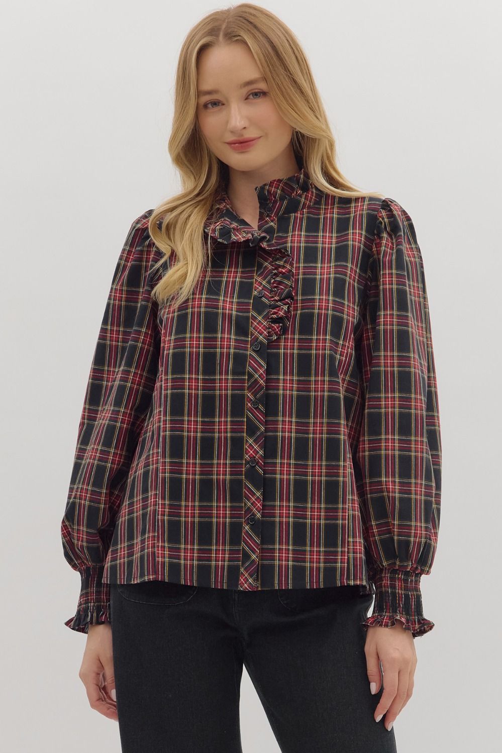 EN45 Plaid Dark Navy Long Sleeve Blouse