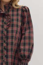 EN45 Plaid Dark Navy Long Sleeve Blouse