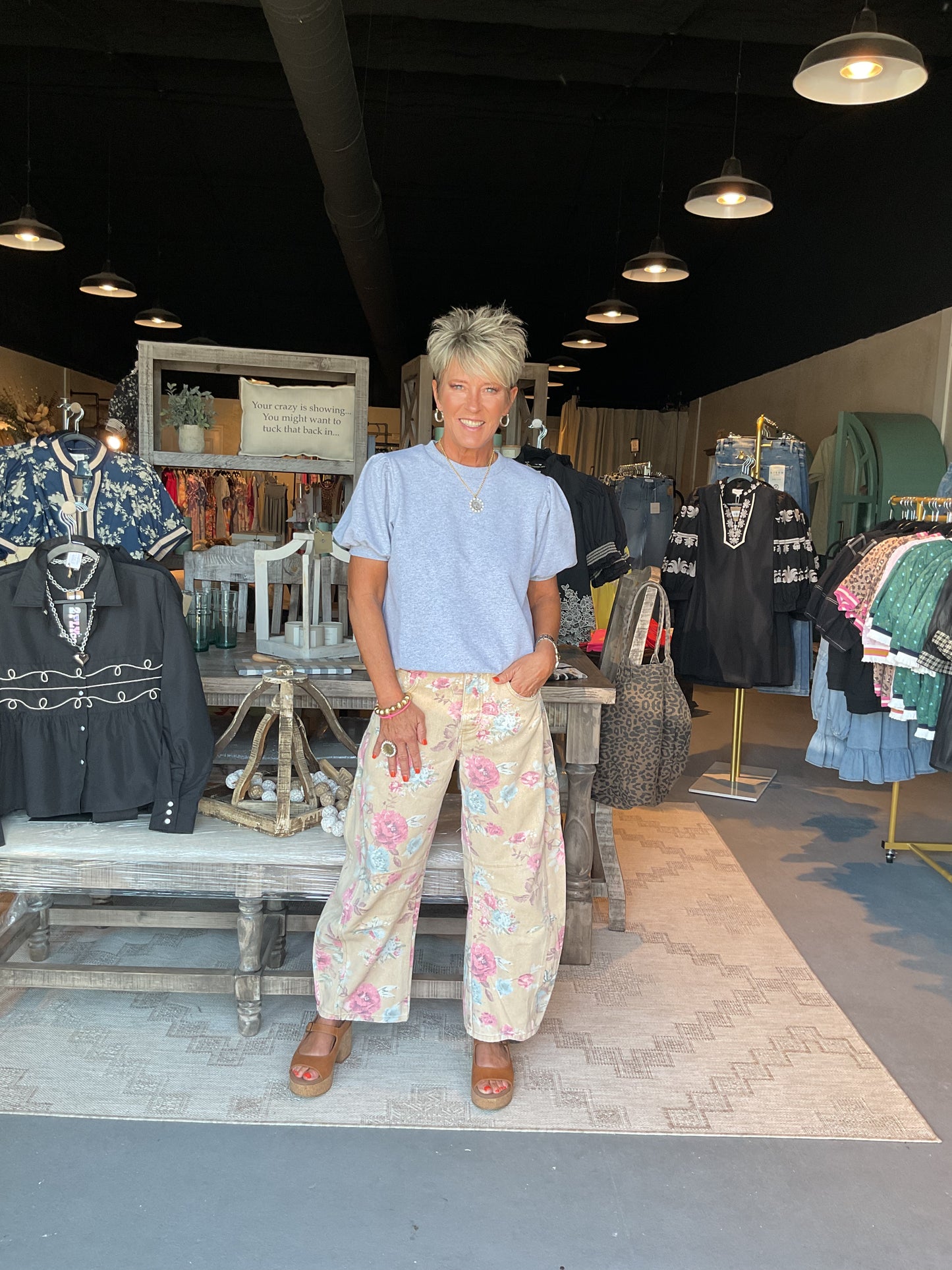 EE25 Rose Garden Floral Print Barrel Pants