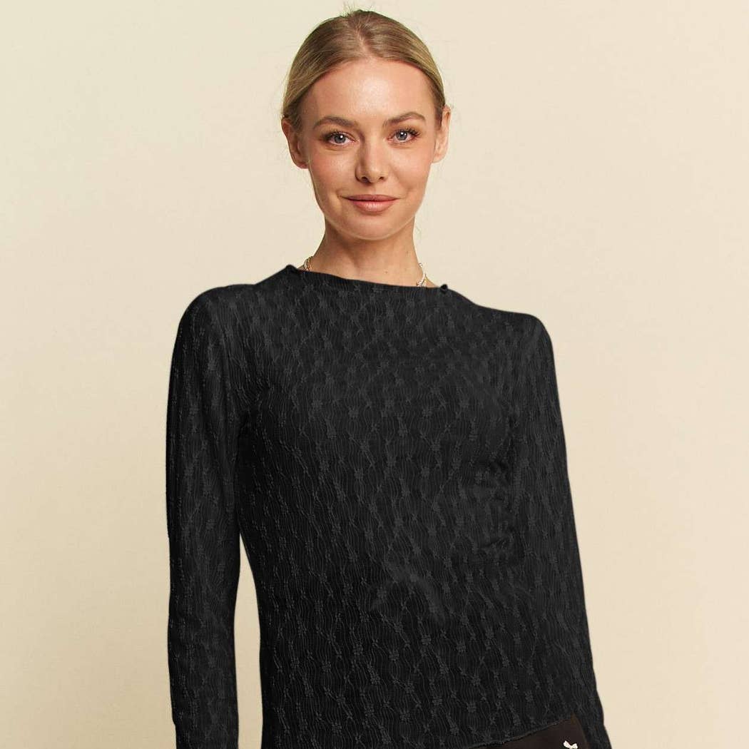 Long Sleeve Sheer Embroidered Lace Top in Black