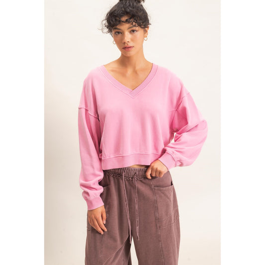 Pink Snow Washed VNeck Sweatshirt