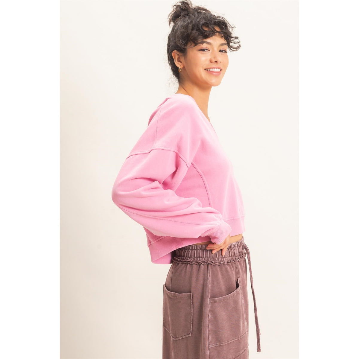 Pink Snow Washed VNeck Sweatshirt