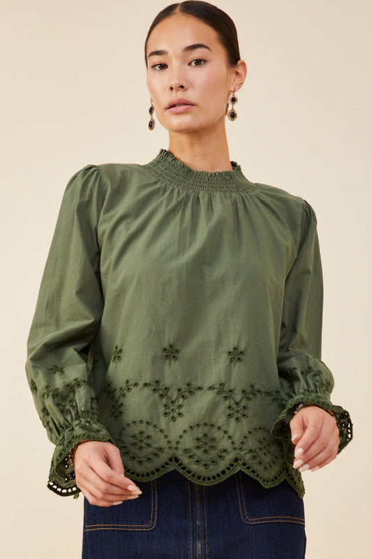 Olive Scallop Hem Eyelet Embroidered Top