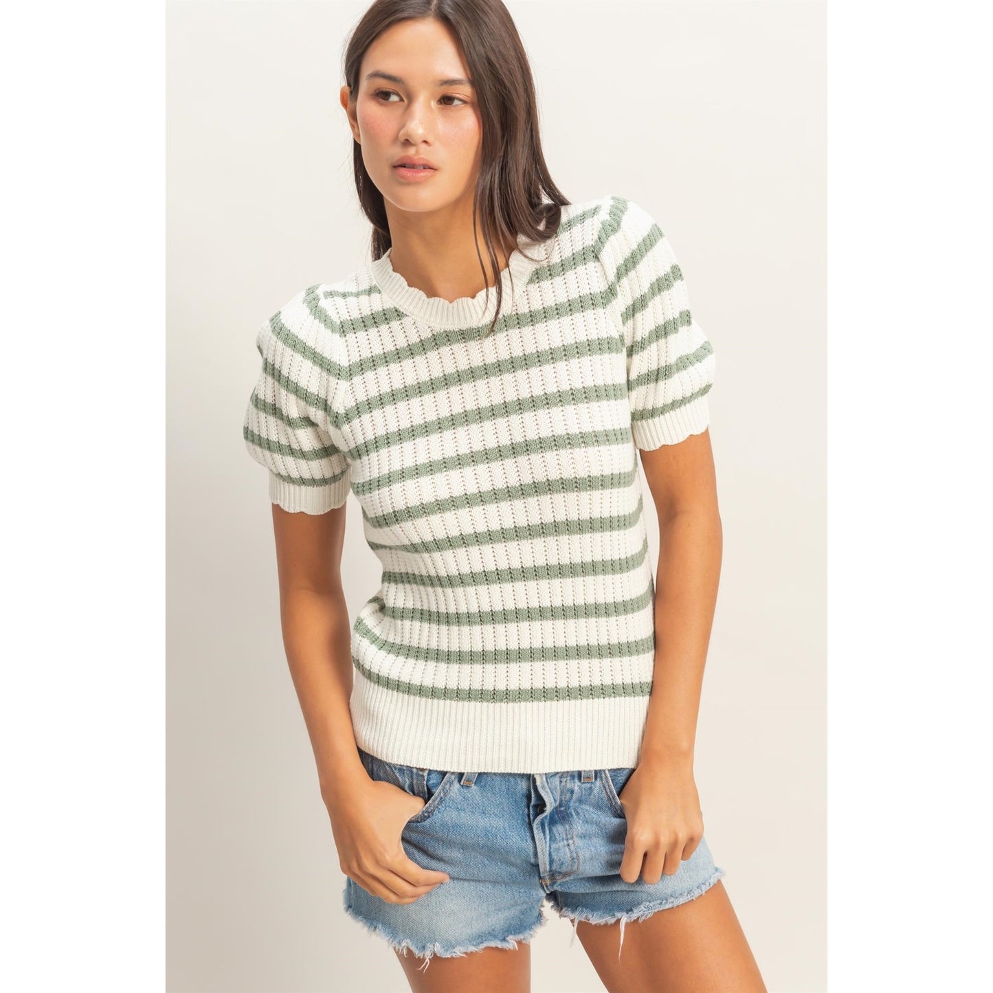 Striped Scallop Edge Puff Sleeve Sweater in Sage Green