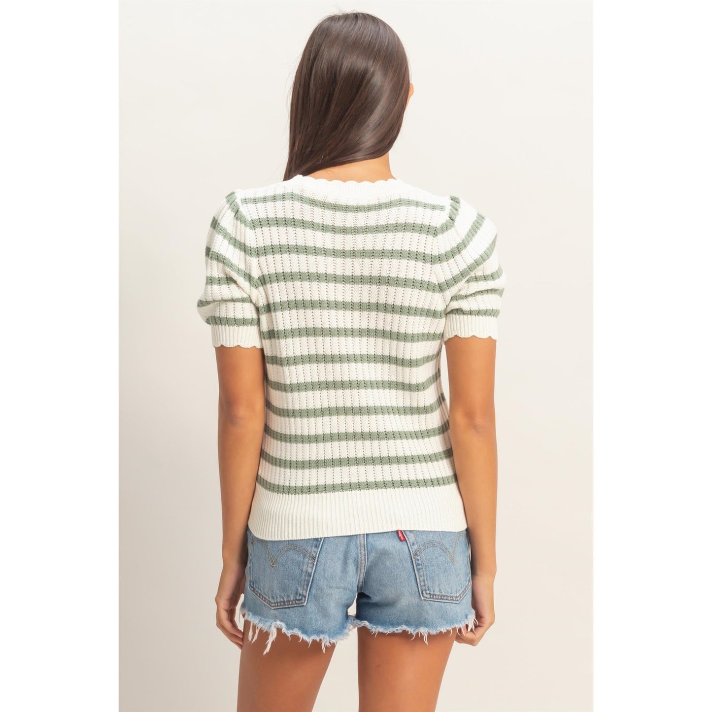 Striped Scallop Edge Puff Sleeve Sweater in Sage Green