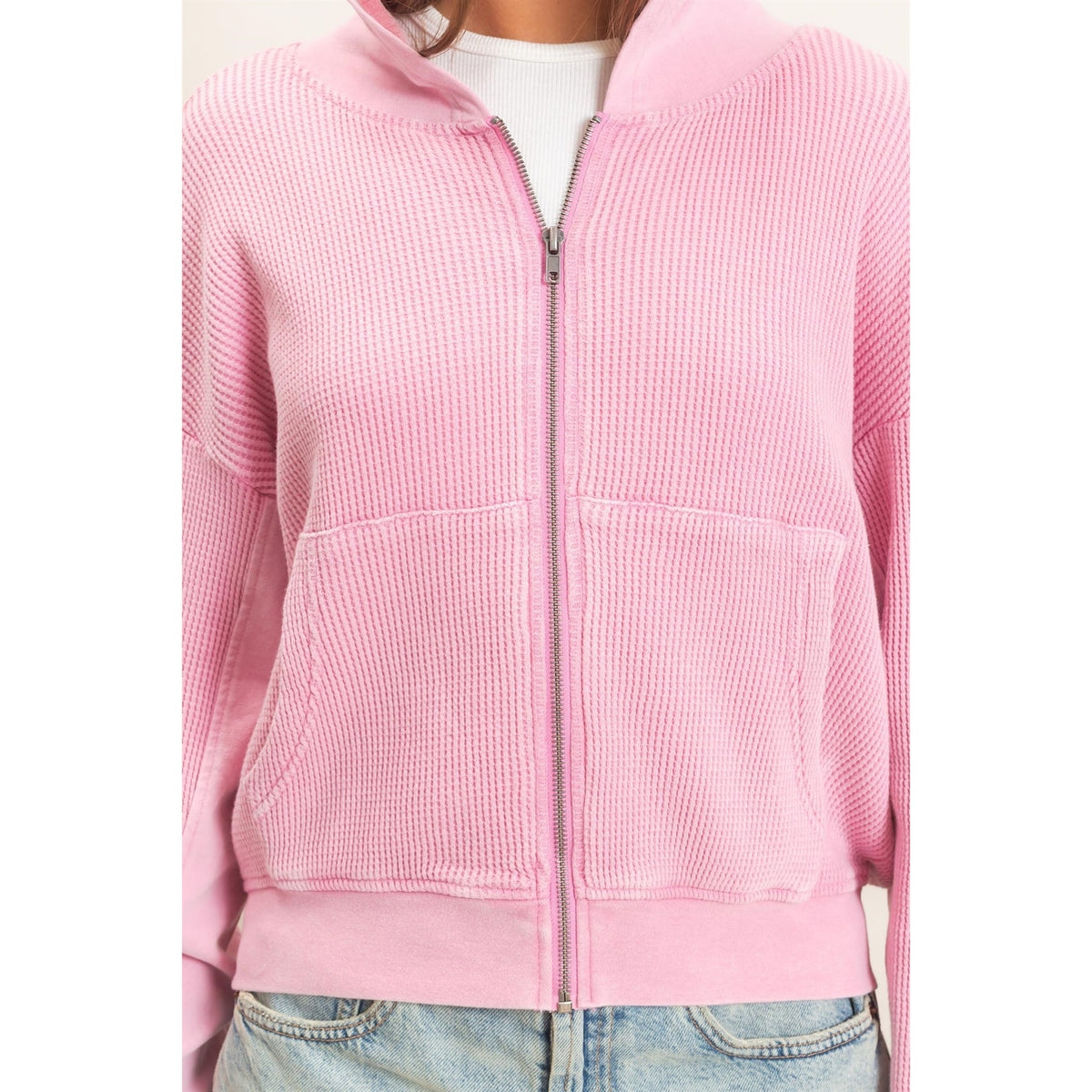Pink Acid Wash Waffle Knit Zip-Up Hoodie