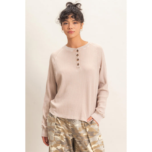 Taupe Mineral Wash Waffle Knit Henley Top