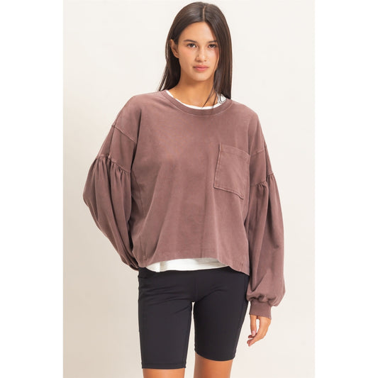 Brown  Mineral Wash Puff Long Sleeve Boxy Top