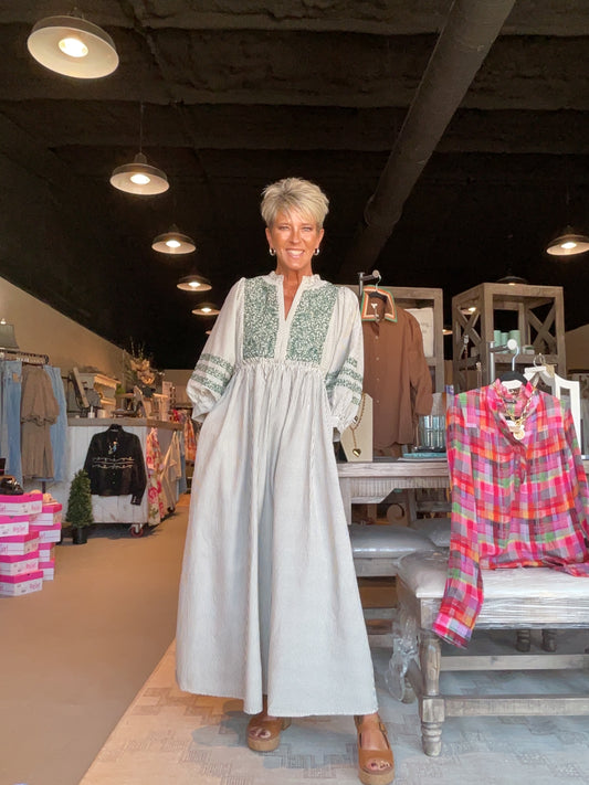 Cream Long Dress With Green Embroidery