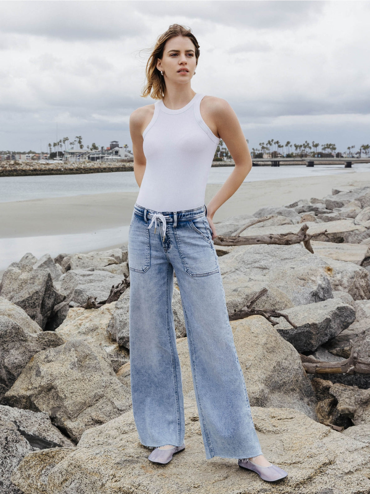 High Rise Drawstring Wide Leg Jeans
