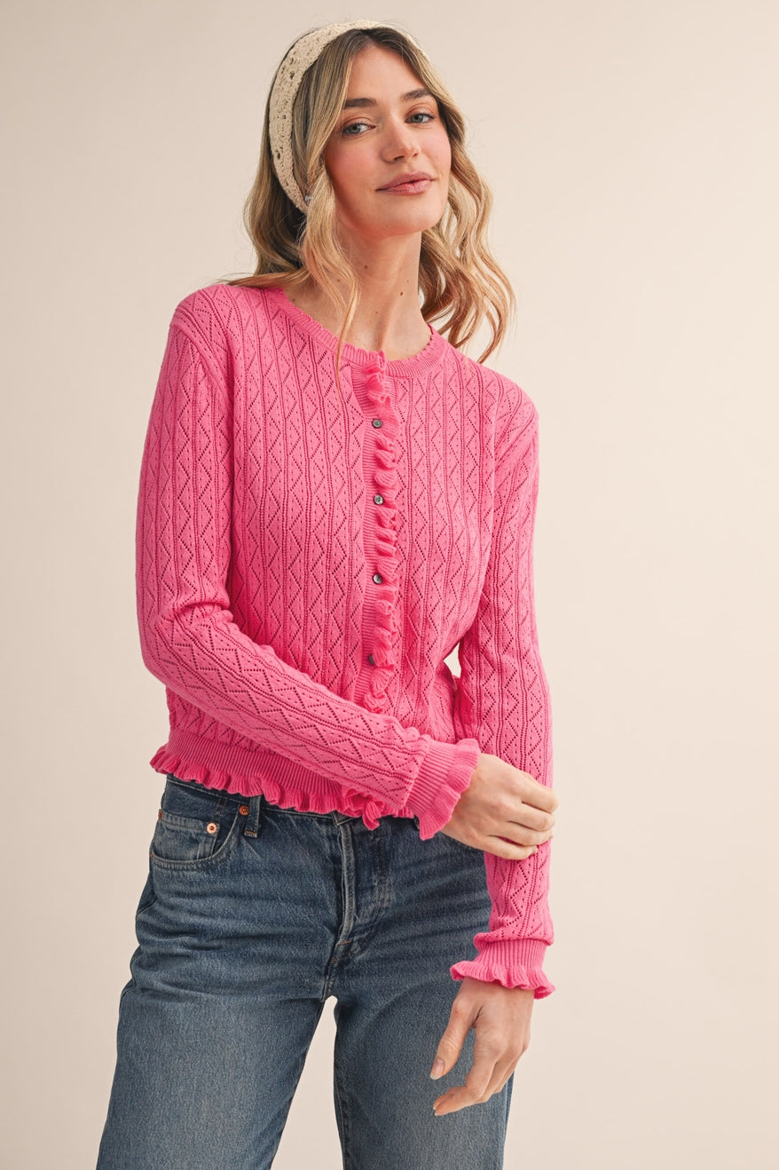 Bubble Gum Ruffled Edge Pointelle Knit Sweater Cardigan
